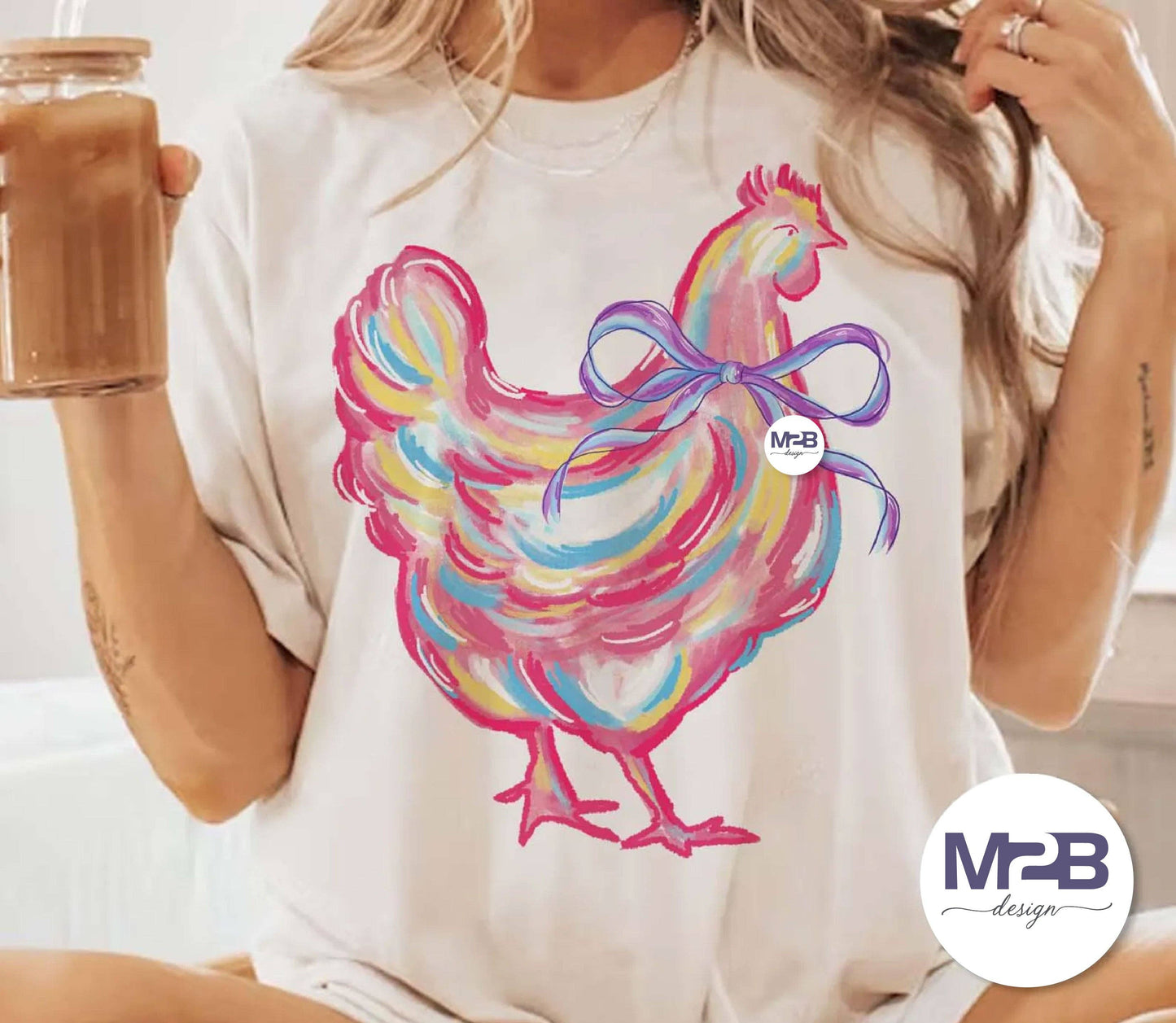 M2B Designs - Bright Brushstroke Chicken Coquette DTF Transfer: Pocket (3.5 inch)