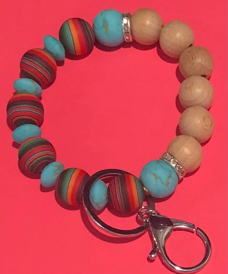 Custom Mama Ear tag, Serape Turquoise, Cow Print Bracelet Keychain | Custom Keychain | Leopard Silicone Wristlet Keychain