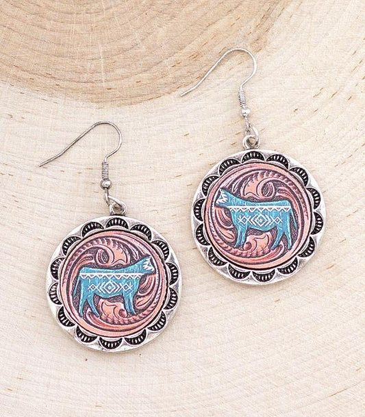 Silver Metal Tooled Inspired Cow or Pig Earrings