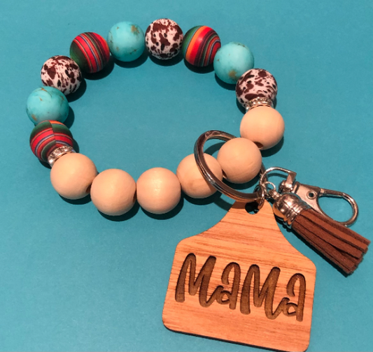 Custom Mama Ear tag, Serape Turquoise, Cow Print Bracelet Keychain | Custom Keychain | Leopard Silicone Wristlet Keychain
