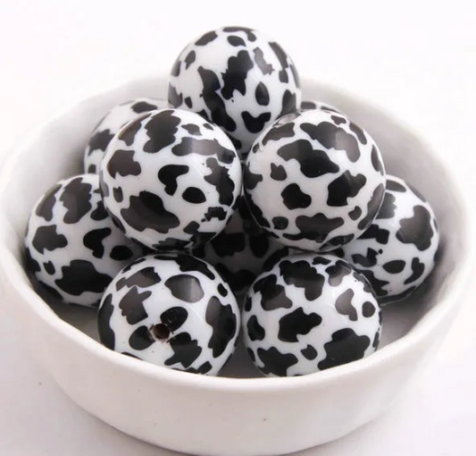 12MM or 20MM Black Cow Print Acrylic Beads 10, 25, 50 or 100 count